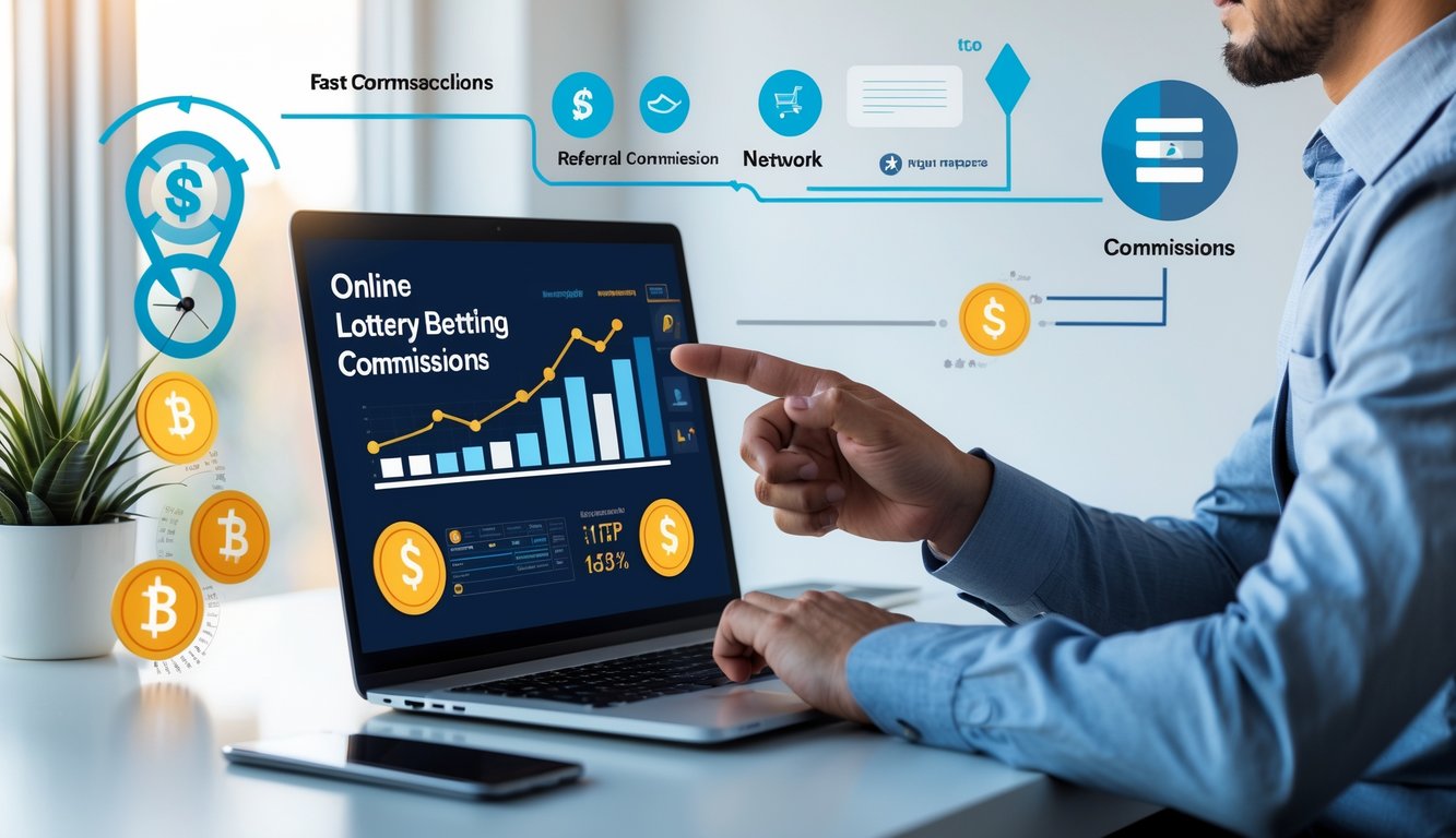 Seorang pria di meja kerja menggunakan laptop yang menampilkan grafik komisi dan jaringan referral untuk sistem bandar togel online.