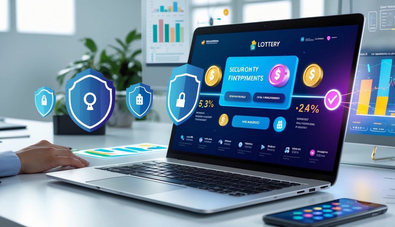 Seorang pengguna sedang melihat situs togel online terpercaya di laptop dengan simbol keamanan dan pembayaran cepat di lingkungan kantor modern.
