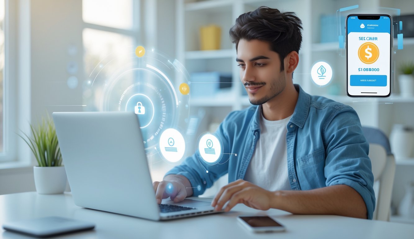 Seseorang menggunakan laptop di ruang kerja rumah yang terang dengan elemen digital yang menunjukkan konsep keamanan dan transaksi cepat dalam permainan online.