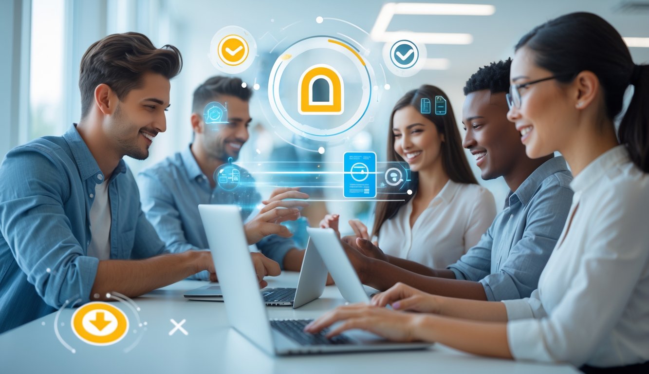 Sekelompok orang menggunakan perangkat digital di kantor modern yang terang, menggambarkan layanan togel online yang aman dan cepat dengan bonus referral.