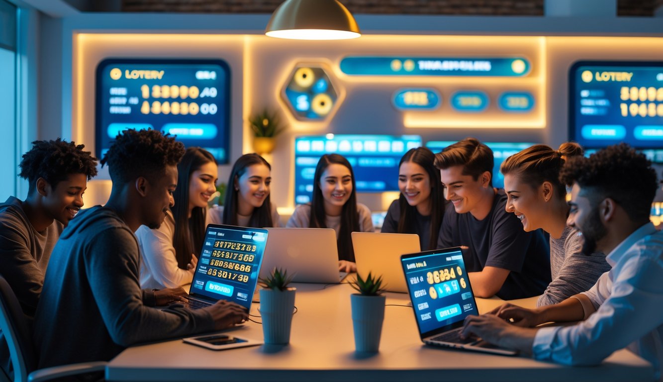 Sekelompok orang muda menggunakan laptop dan ponsel di ruang kerja modern, bermain permainan togel online dengan suasana yang ceria dan profesional.