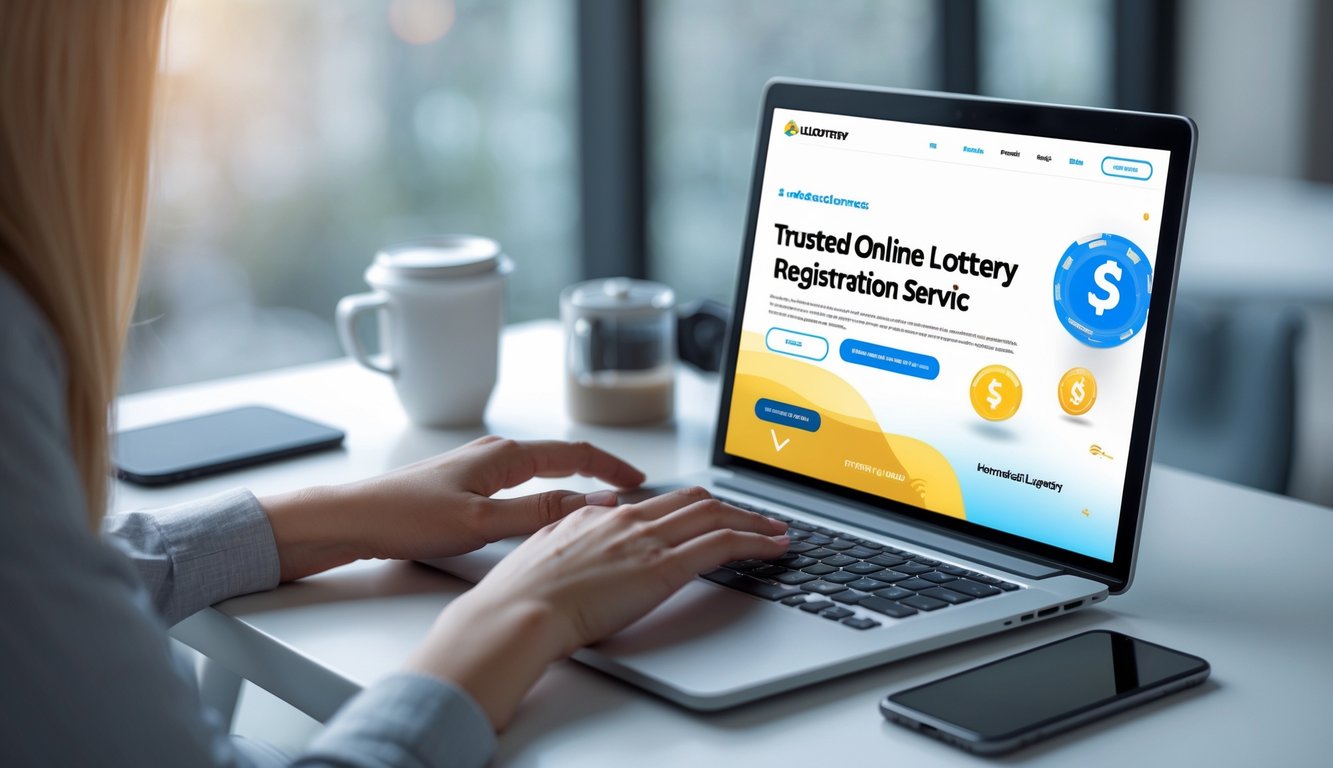 Seseorang sedang menggunakan laptop di meja kerja dengan ponsel dan kopi, menunjukkan proses pendaftaran di situs togel online tepercaya.