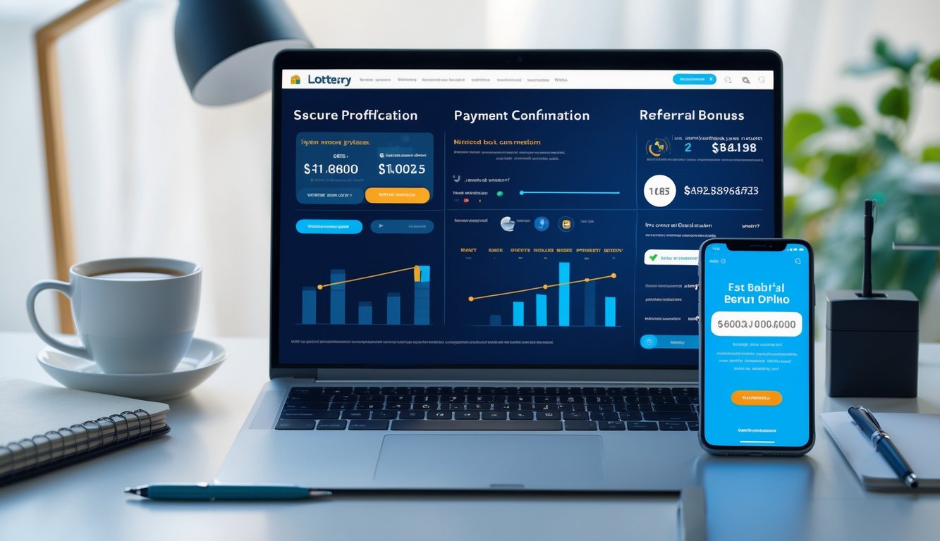 Seorang pengguna sedang melihat laptop dan ponsel dengan tampilan sistem pembayaran dan notifikasi bonus referral di meja kerja.