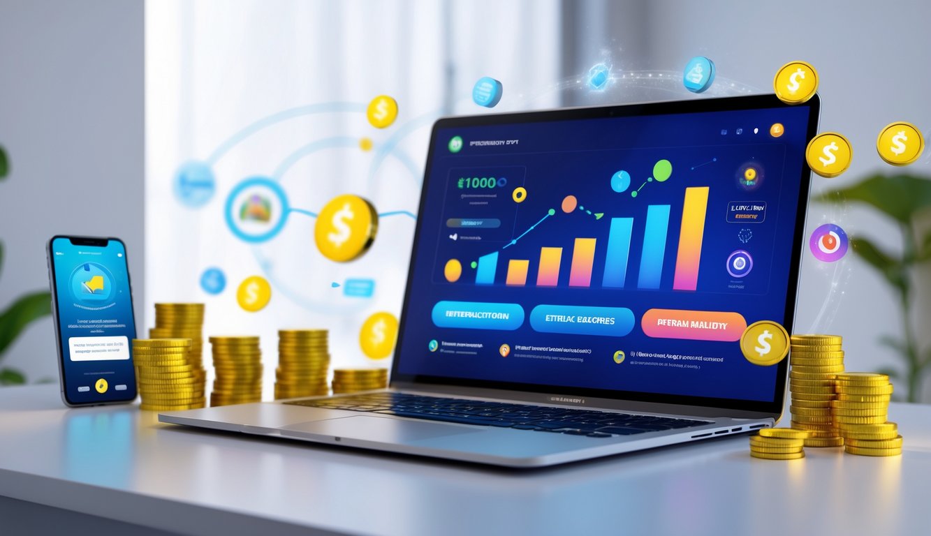 Meja kerja modern dengan laptop yang menampilkan situs lotere online, ponsel dengan notifikasi pembayaran berhasil, dan tumpukan uang di sekitarnya.