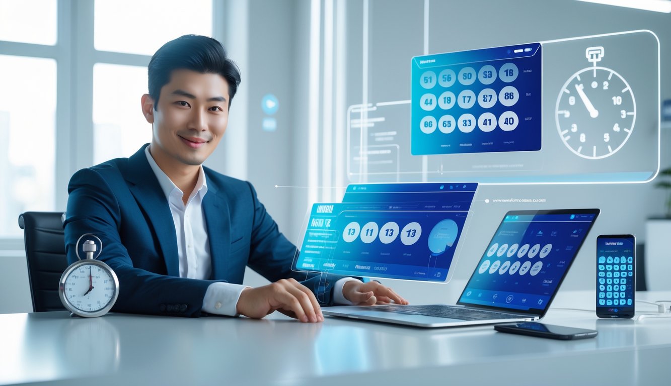 Seorang pria muda duduk di meja dengan laptop dan ponsel yang menampilkan angka dan grafik, di ruang kantor yang terang dan modern.