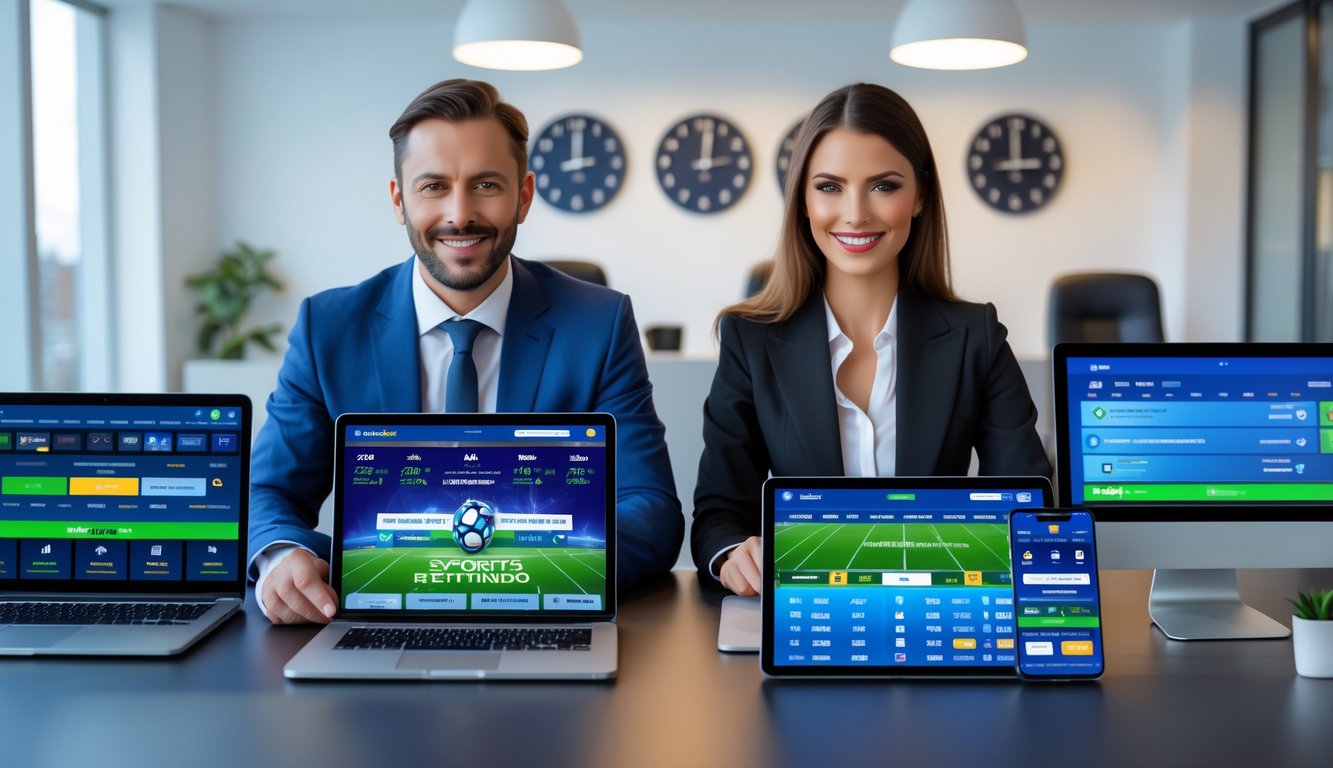 Seorang pria dan wanita percaya diri duduk di meja dengan perangkat digital yang menampilkan antarmuka taruhan olahraga online dan statistik pertandingan secara langsung.