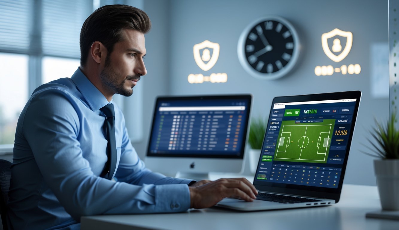 Seorang pria menggunakan laptop dengan beberapa layar menampilkan pertandingan sepak bola dan peluang taruhan dalam suasana kantor modern yang aman dan profesional.