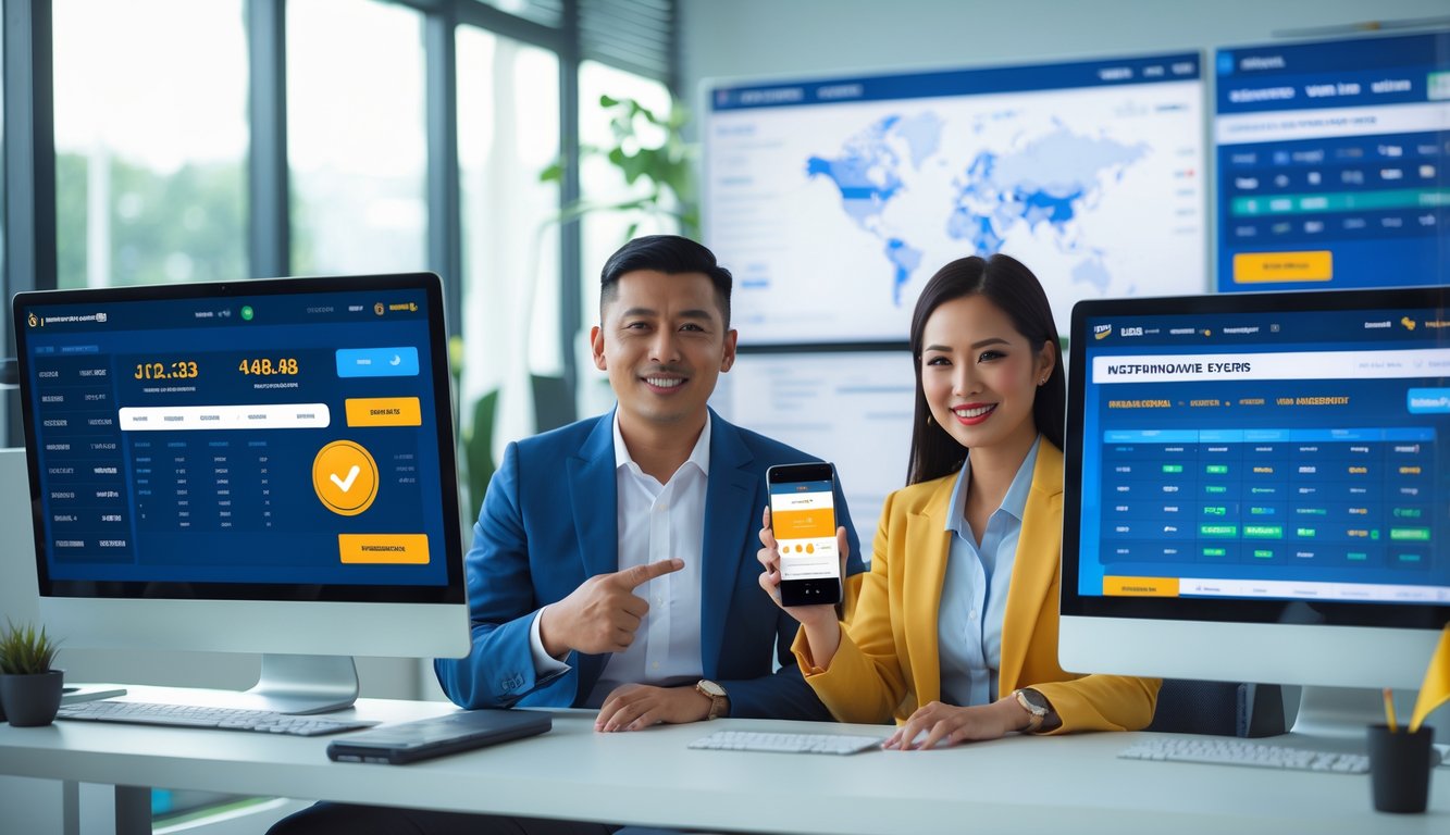 Dua profesional bisnis sedang bekerja di kantor modern dengan layar komputer menampilkan antarmuka taruhan olahraga online dan grafik keuangan.
