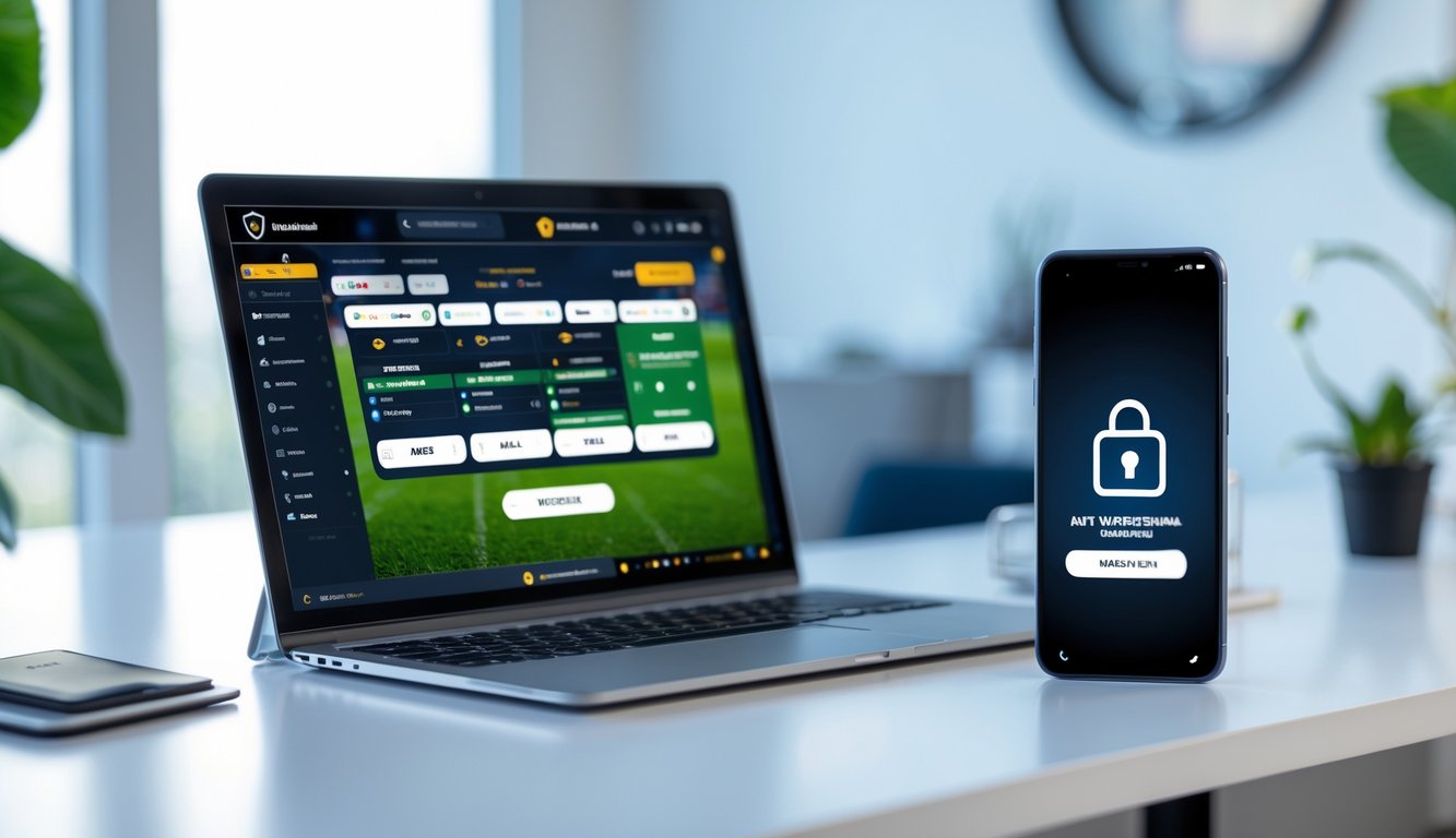 Sebuah ruang kerja modern dengan laptop dan ponsel yang menampilkan situs taruhan bola online dan konfirmasi penarikan cepat.