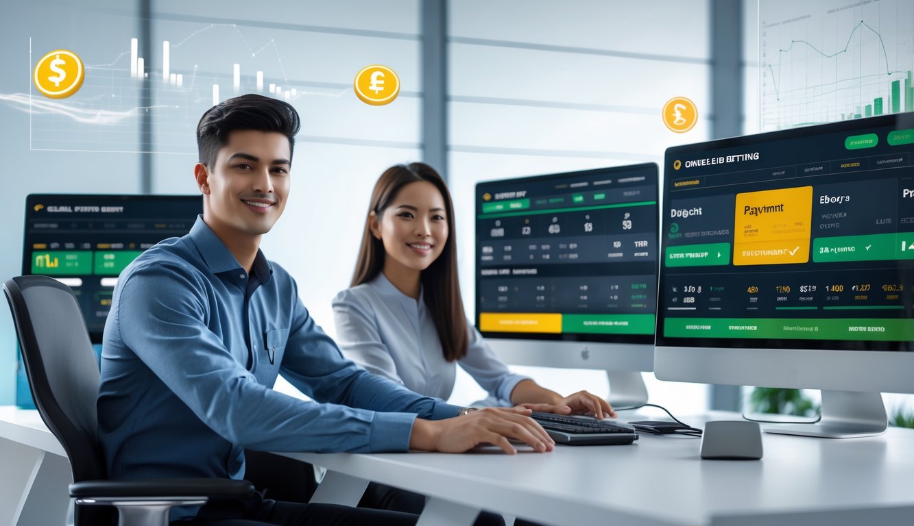 Seorang pria dan wanita muda duduk di depan komputer dengan tampilan taruhan bola online dan lingkungan kantor modern.