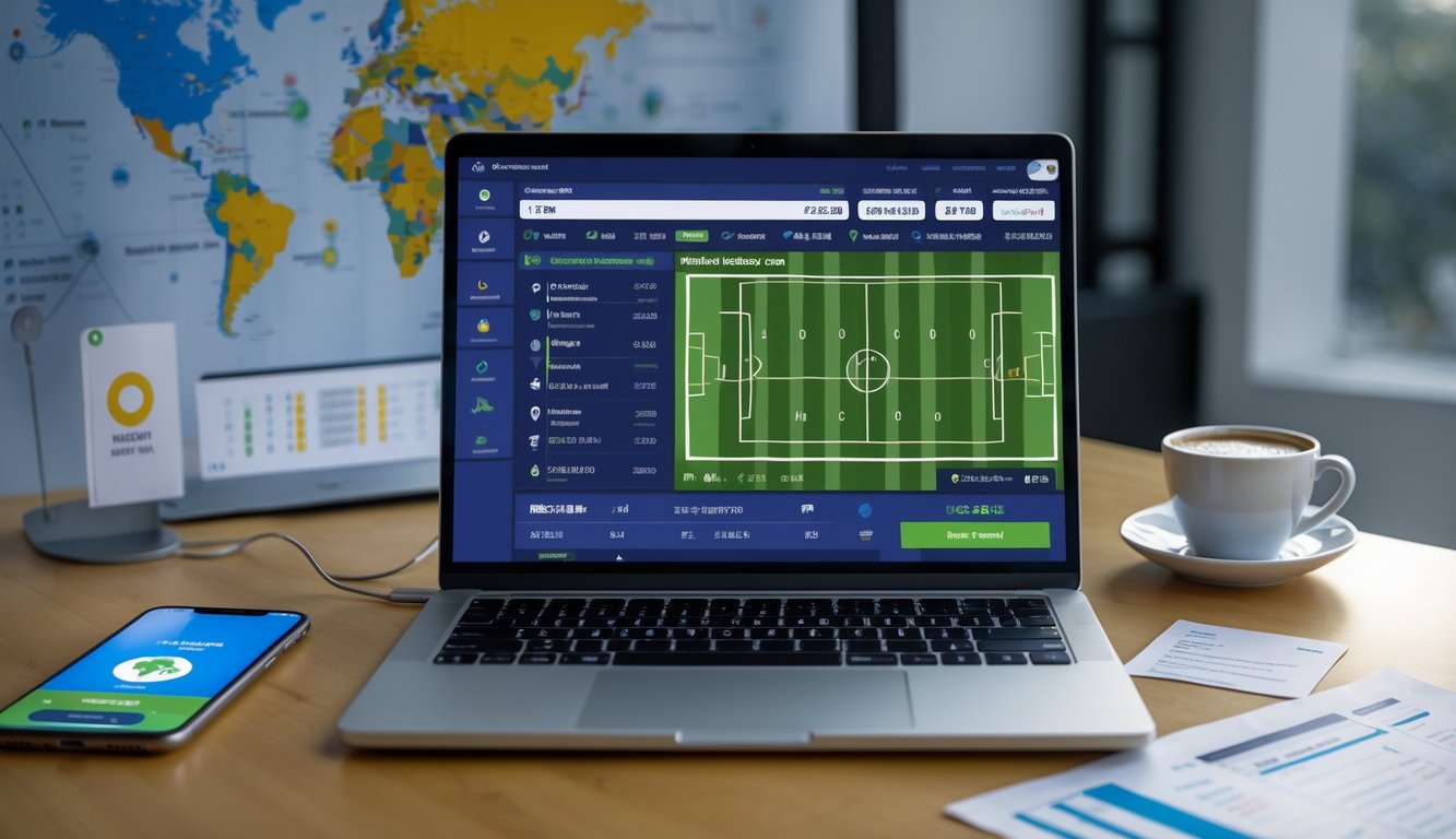 Seorang profesional sedang menggunakan laptop dan ponsel untuk mengakses layanan taruhan bola online dengan tampilan statistik pertandingan dan opsi pembayaran instan.