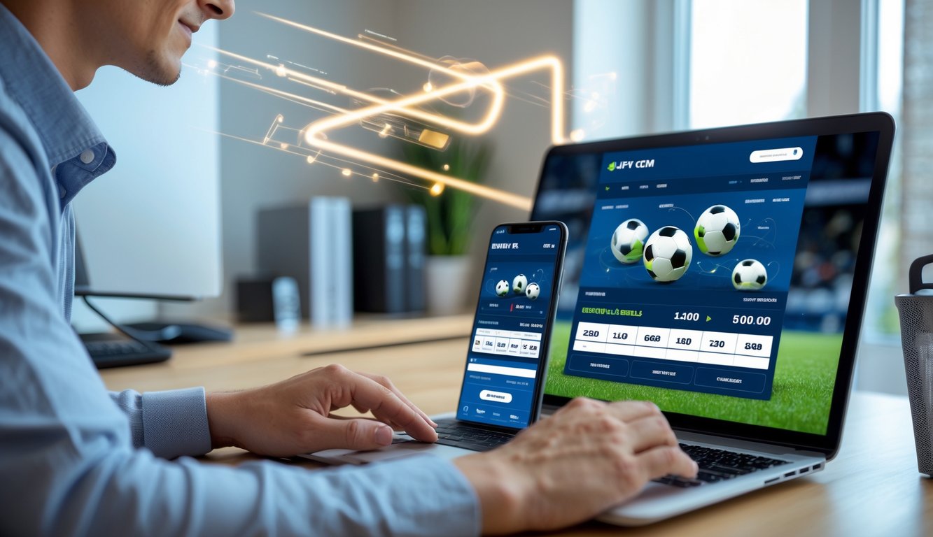 Seorang dewasa muda menggunakan laptop dan ponsel di ruang kerja rumah yang rapi dengan tampilan taruhan sepak bola di layar.