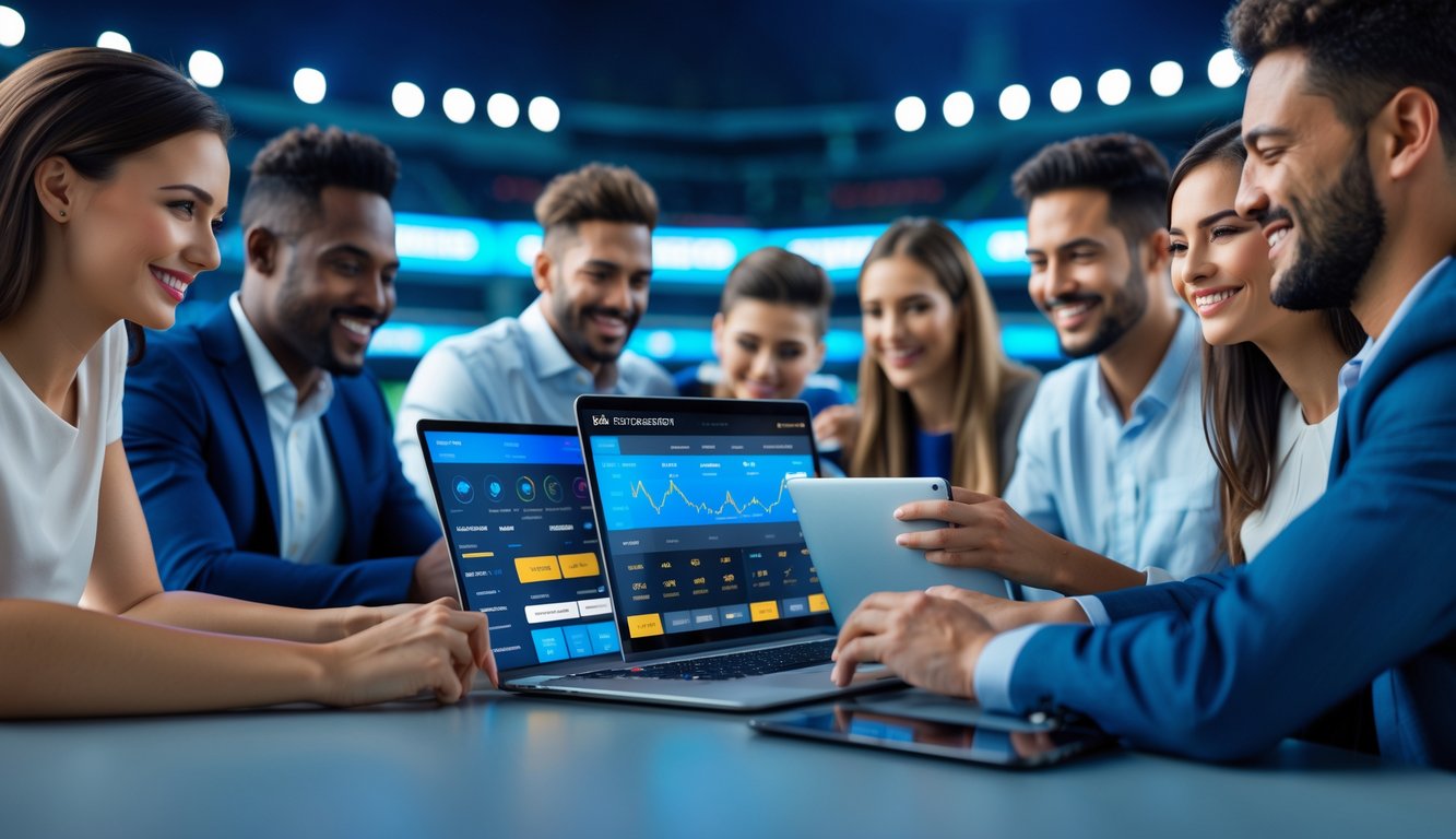 Orang-orang menggunakan perangkat digital untuk taruhan olahraga online dengan latar belakang elemen olahraga dan simbol pembayaran cepat.