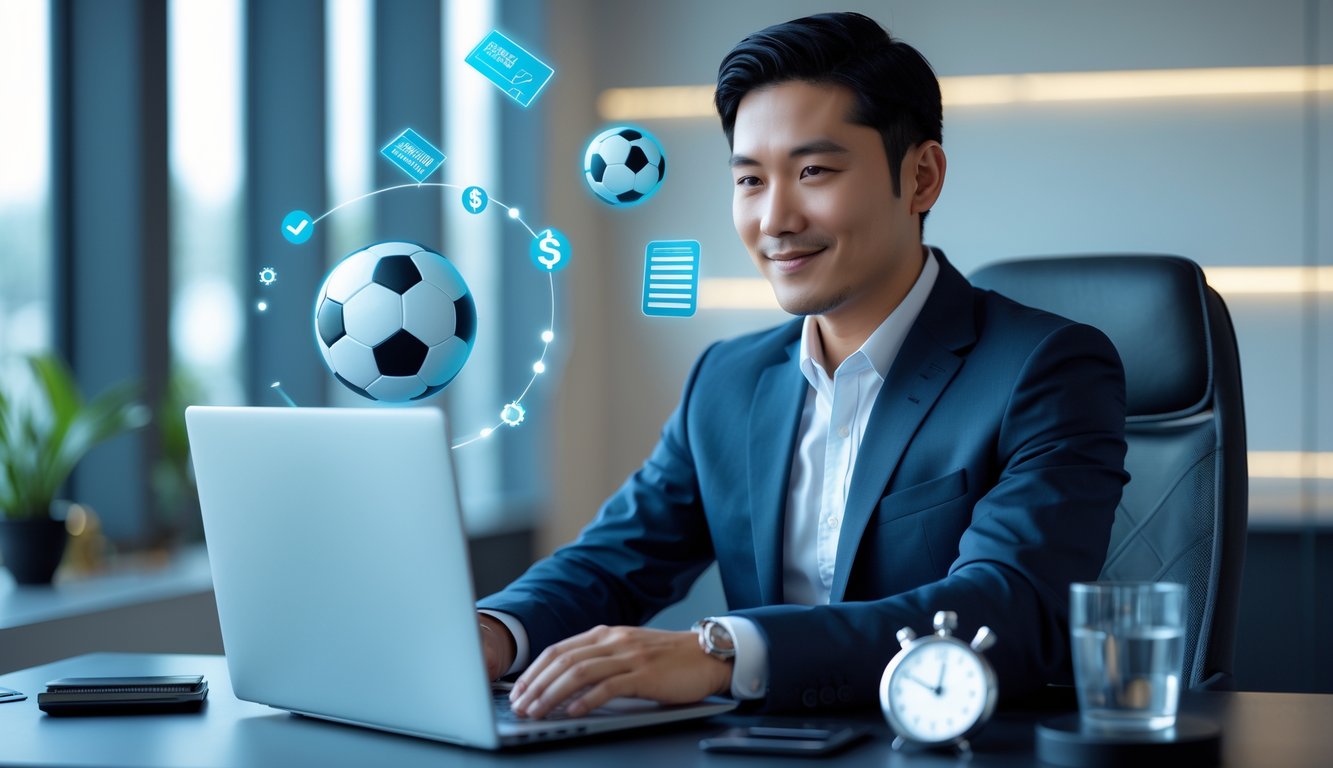 Seorang pria Asia duduk di depan laptop di kantor modern dengan ikon taruhan olahraga dan simbol uang di sekitarnya.