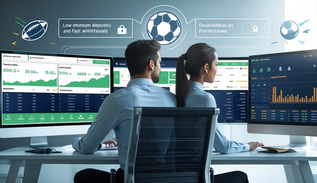 Seorang pria dan wanita duduk di meja kantor modern sambil melihat layar komputer yang menampilkan statistik taruhan bola dan grafik keuangan.