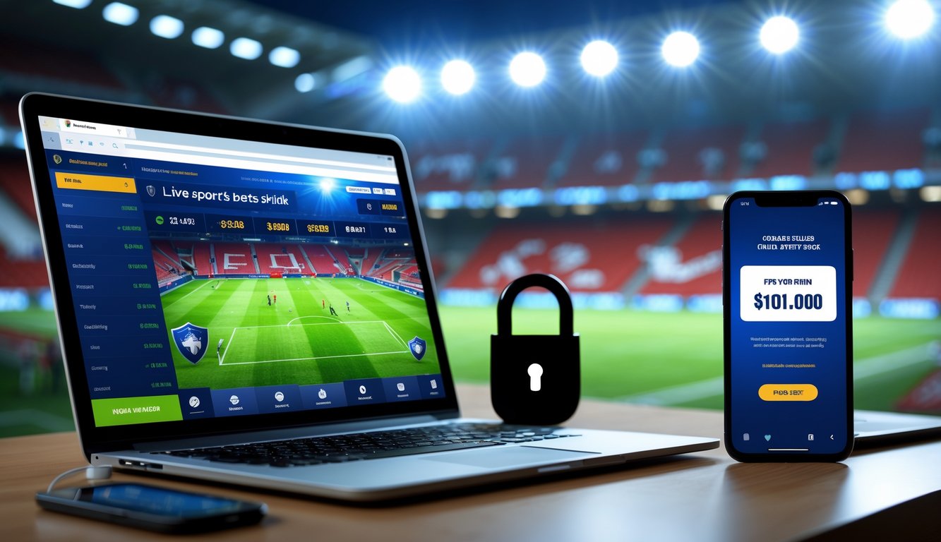 Seorang pria menggunakan laptop dan ponsel di meja kerja dengan latar belakang stadion sepak bola yang menyala terang.