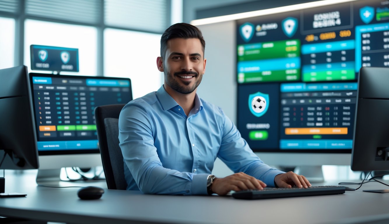 Seorang pria duduk di depan beberapa layar komputer yang menampilkan data taruhan bola secara online di sebuah kantor modern.