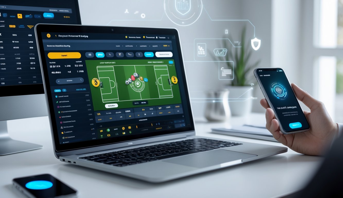 Seorang pengguna sedang menggunakan komputer dan ponsel untuk taruhan bola online dengan sistem transaksi otomatis dan pembayaran instan.