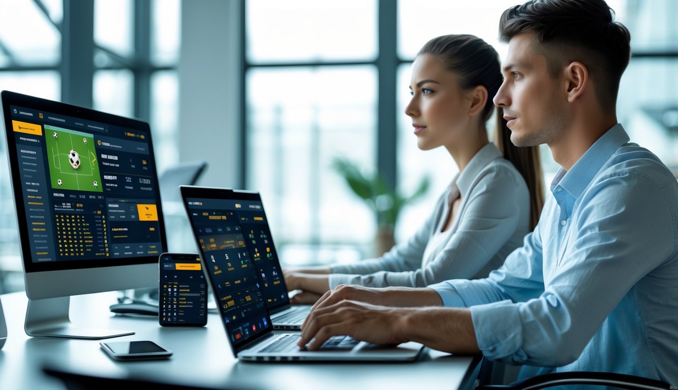 Dua orang muda sedang menggunakan perangkat digital untuk bertaruh bola secara online di kantor modern dengan pencahayaan terang.