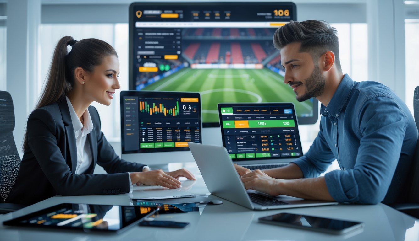 Dua orang sedang menggunakan perangkat digital di meja kerja dengan layar menampilkan informasi taruhan sepak bola dan pertandingan yang sedang berlangsung.