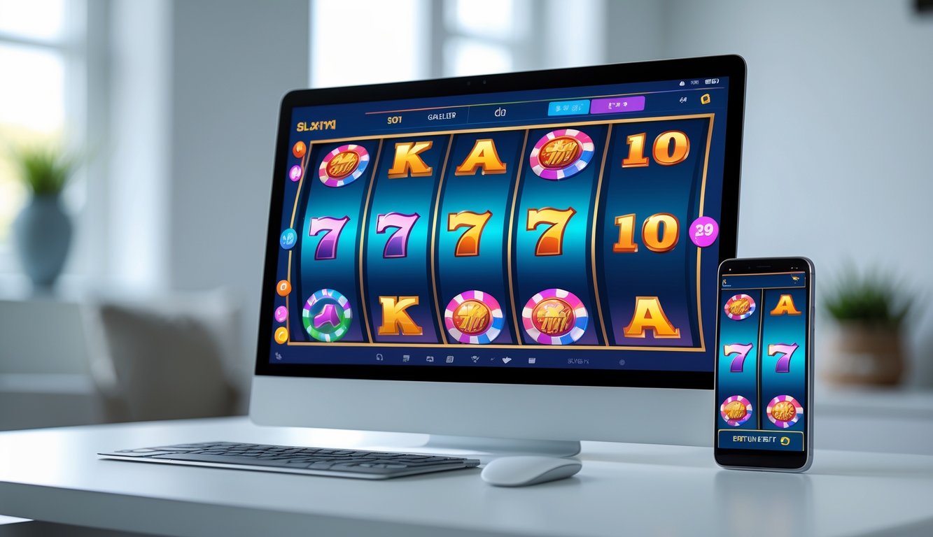 Sebuah meja dengan komputer dan ponsel yang menampilkan permainan slot online yang berwarna-warni dan menarik.