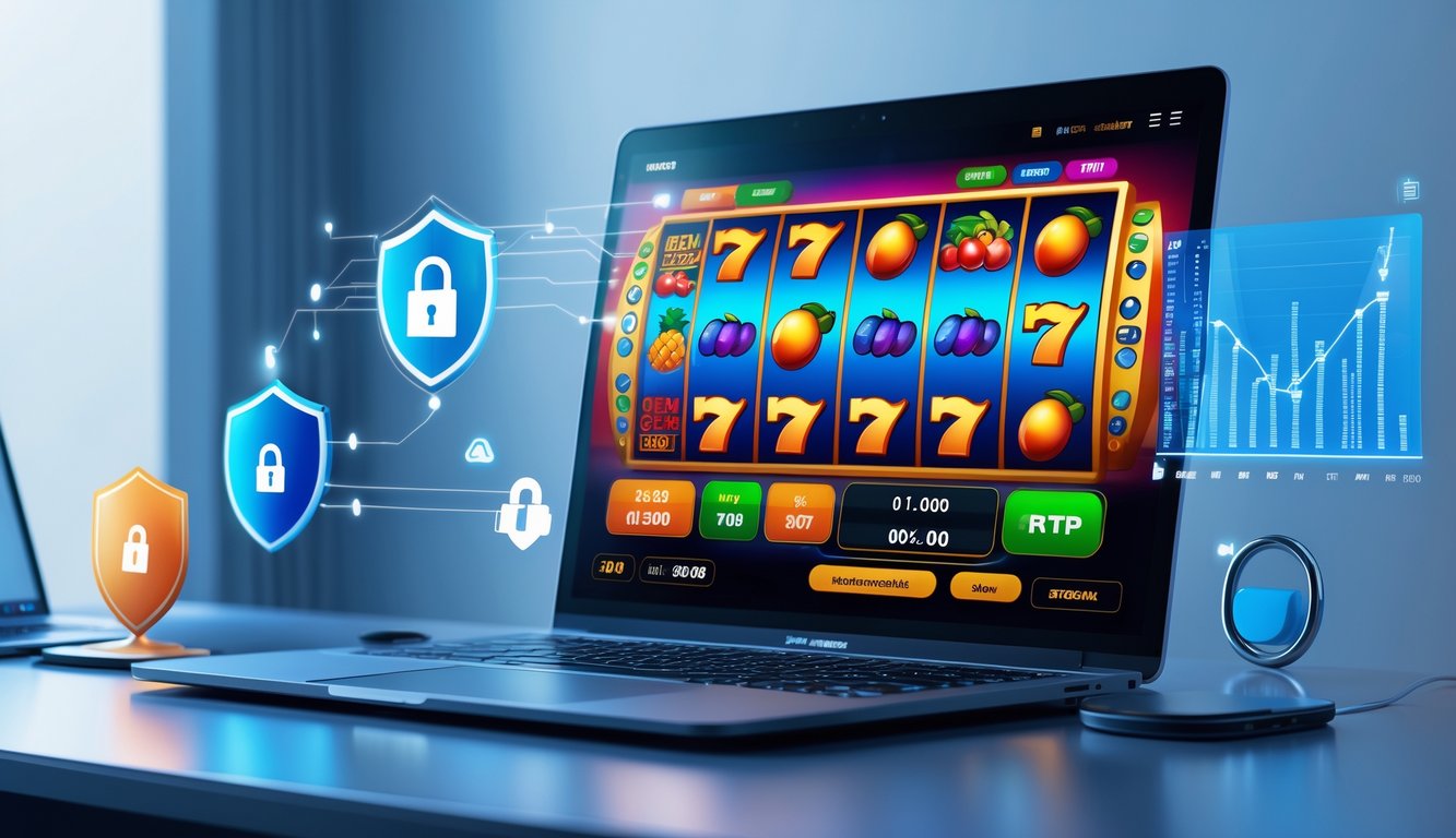 Seseorang menggunakan laptop dengan tampilan permainan slot online yang berwarna-warni di layar, dikelilingi ikon keamanan dan grafik RTP.