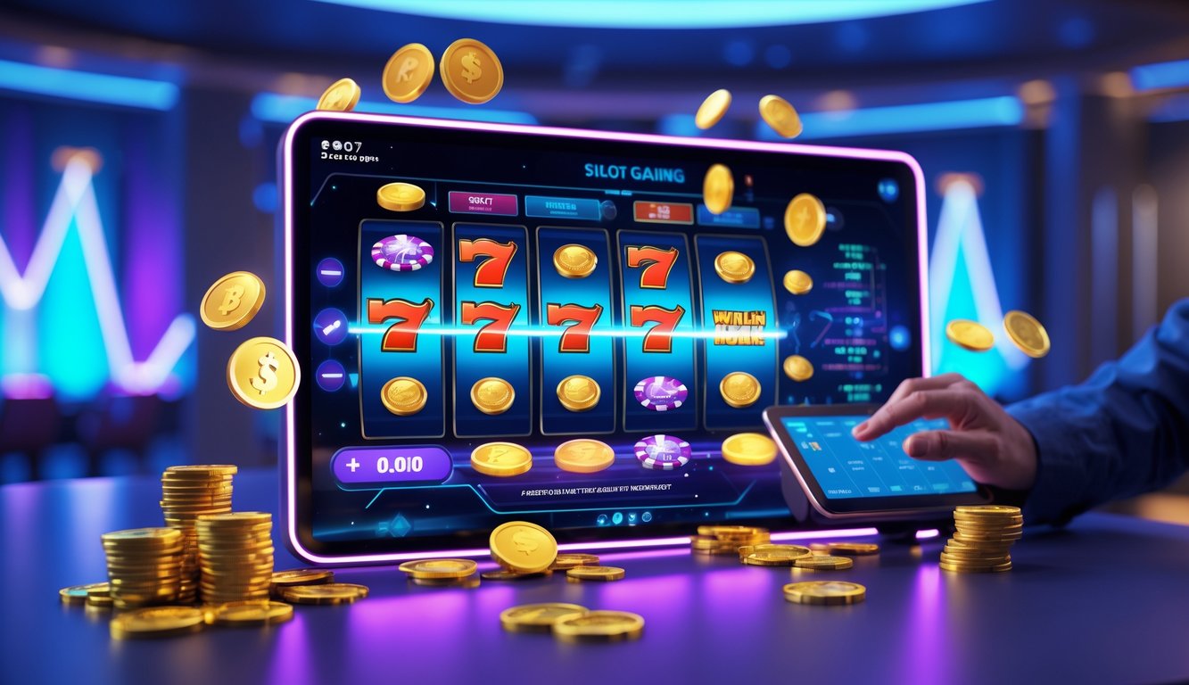 Seorang pemain menggunakan perangkat layar sentuh dengan latar belakang mesin slot digital yang menampilkan kemenangan dan koin emas berjatuhan.