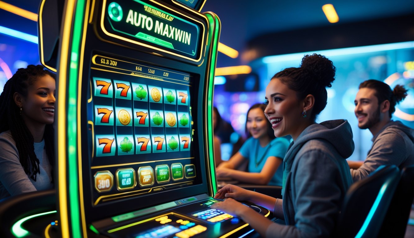 Orang-orang bermain mesin slot digital di lingkungan permainan modern dengan pencahayaan neon dan suasana yang penuh semangat.