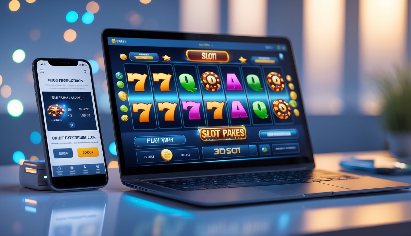 Sebuah laptop dan ponsel di atas meja menampilkan permainan slot online dan konfirmasi penarikan cepat.