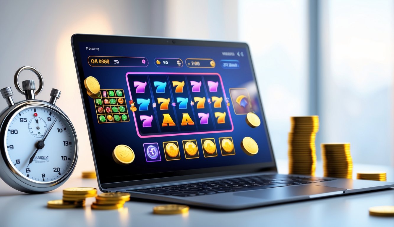 Layar komputer menampilkan permainan slot online dengan simbol warna-warni, dikelilingi oleh ikon dompet digital, stopwatch, dan tumpukan koin sebagai simbol kemenangan cepat dan mudah.