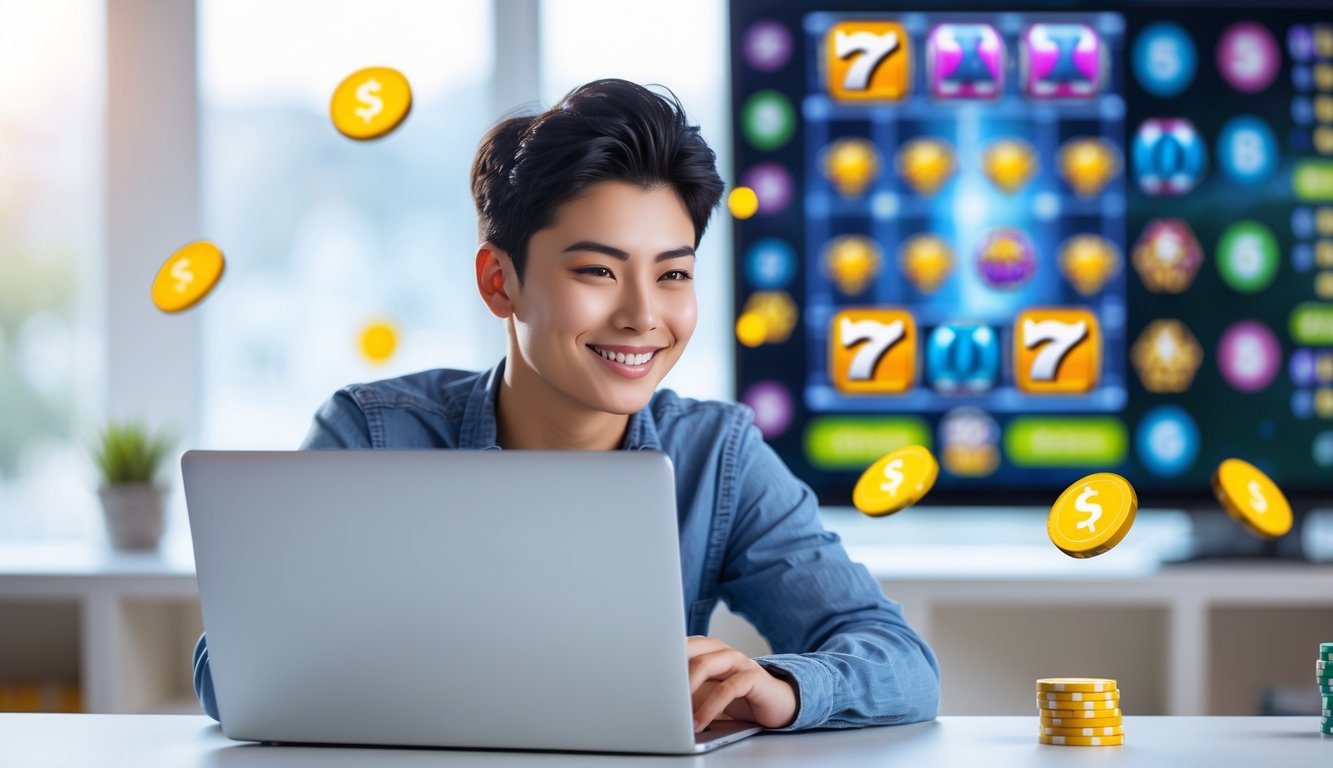 Seseorang muda duduk di meja dengan laptop, dikelilingi ikon mesin slot warna-warni dan elemen kasino digital.
