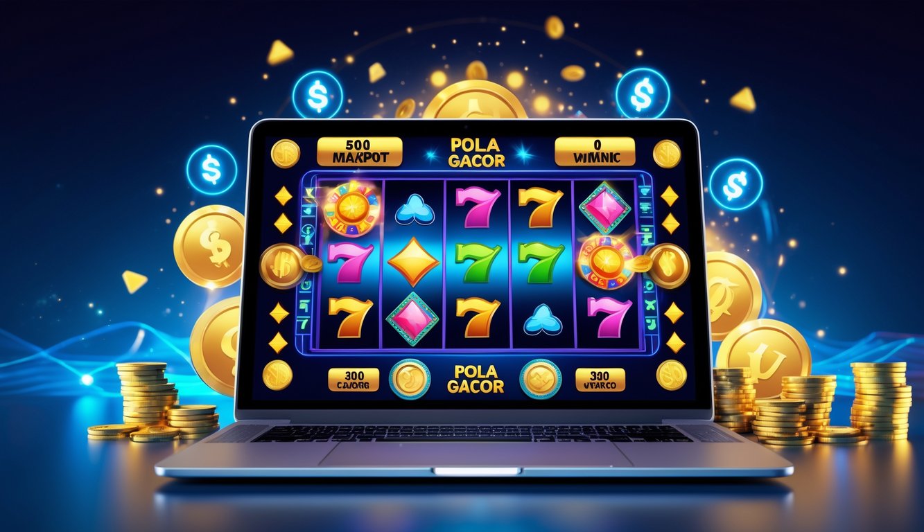 Seorang pemain menggunakan komputer dengan layar menampilkan permainan slot online yang penuh warna dan simbol keberuntungan, dikelilingi koin dan lampu jackpot.