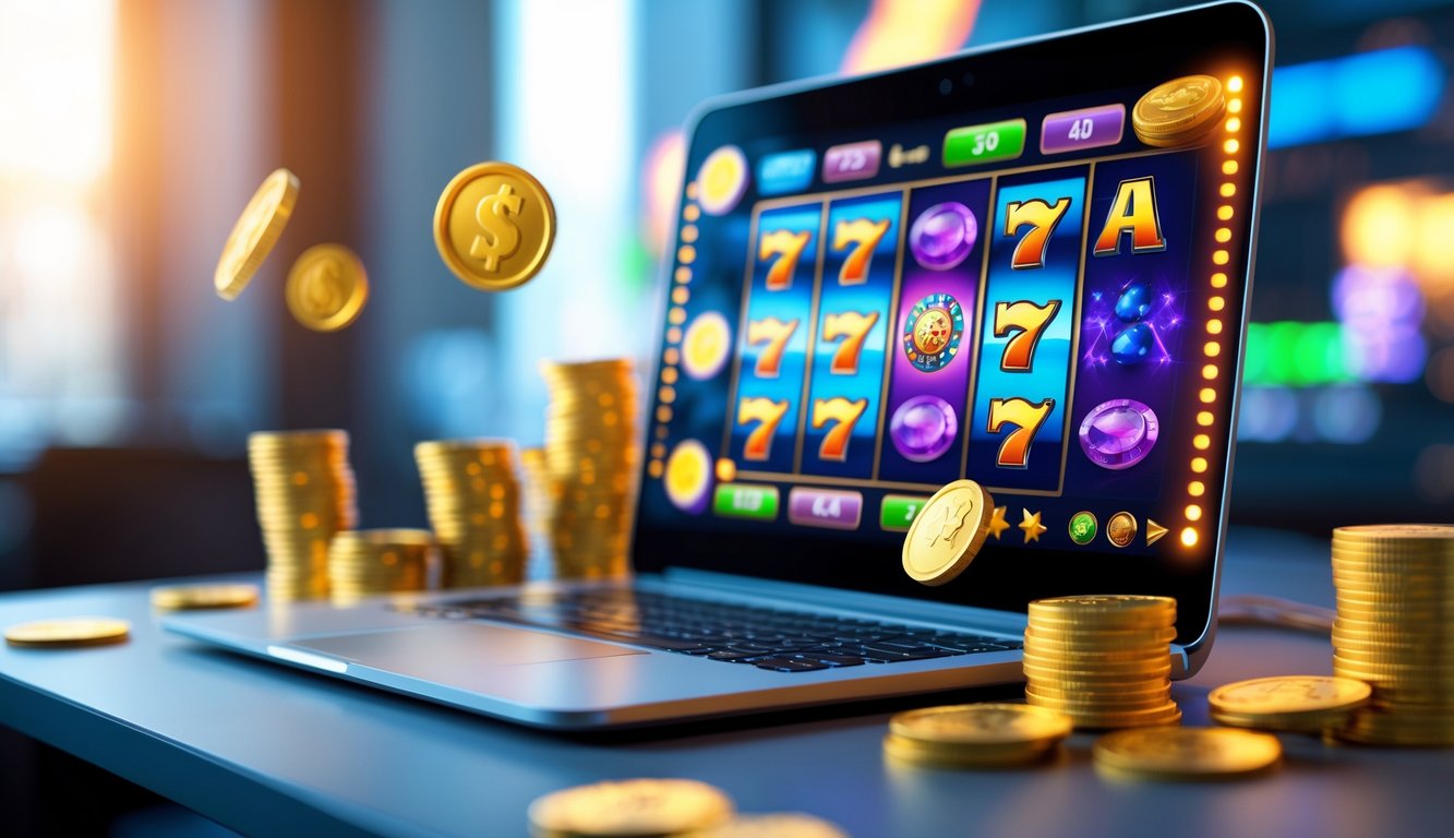 Seorang pengguna komputer dengan tampilan permainan slot online berwarna-warni di layar, dikelilingi oleh tumpukan chip kasino dan koin emas.