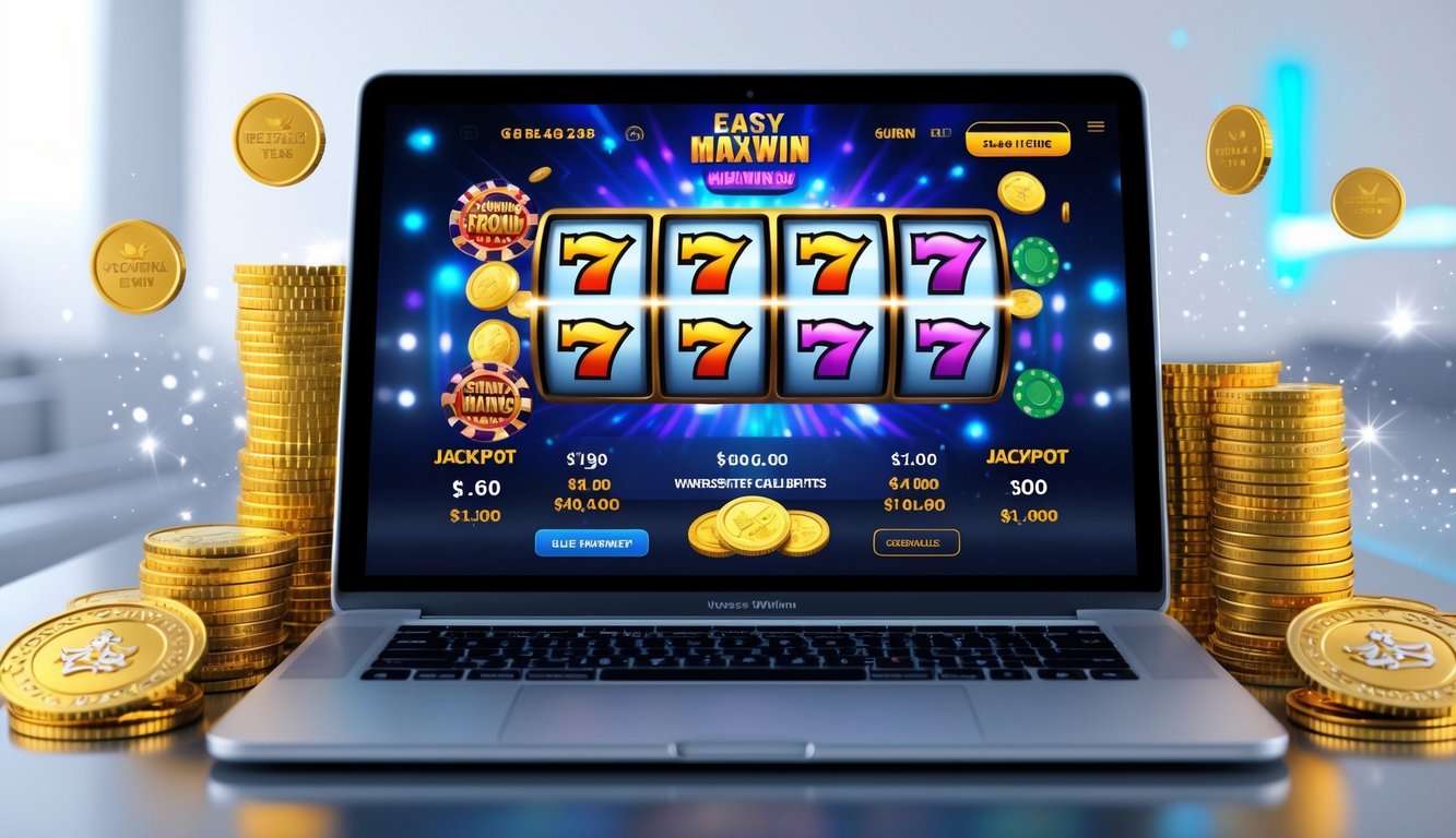 Seseorang bermain mesin slot online dengan layar komputer yang menampilkan permainan slot berwarna-warni dan simbol jackpot, dikelilingi koin emas dan tumpukan chip kasino.