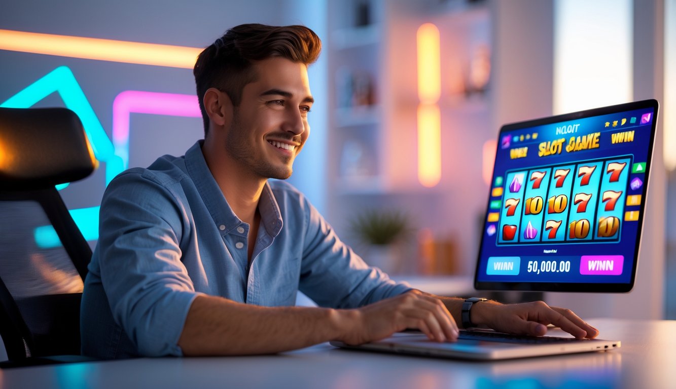 Seorang pria muda duduk di meja dengan laptop yang menampilkan permainan slot online dan tersenyum dengan latar belakang ruangan modern.
