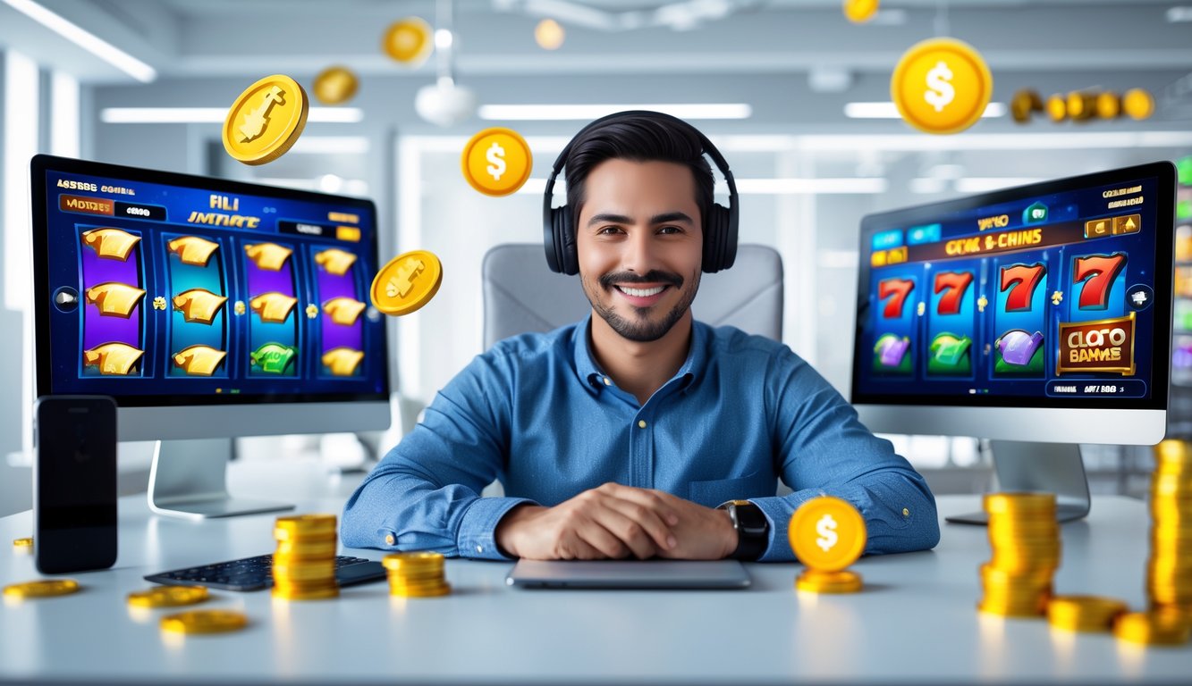 Seorang pemain slot online yang percaya diri duduk di depan meja dengan beberapa layar menampilkan permainan slot warna-warni, dikelilingi oleh koin emas dan simbol jackpot.