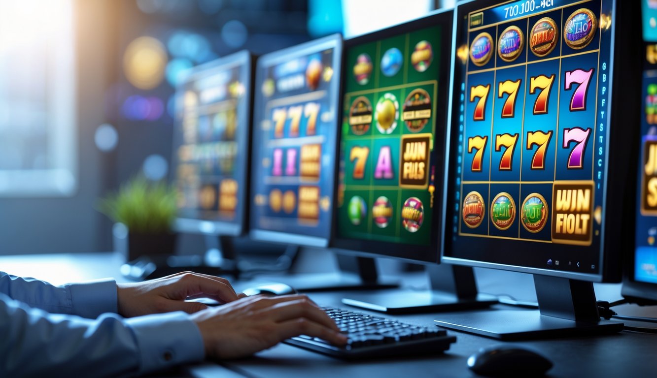 Meja komputer dengan beberapa monitor menampilkan permainan slot online yang berwarna-warni, tangan seseorang sedang menggunakan keyboard dan mouse.