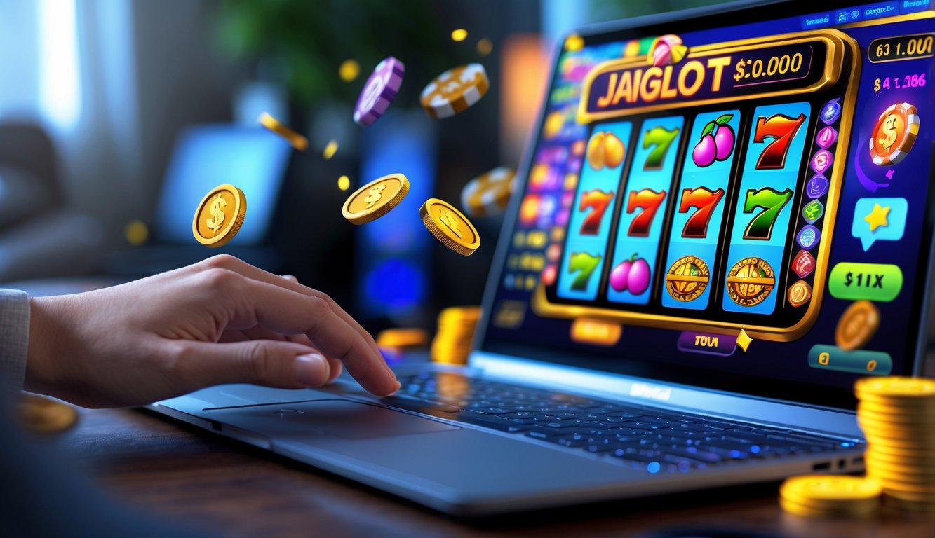 Seseorang menggunakan komputer dengan permainan slot digital berwarna cerah di layar, di ruangan yang nyaman dan terang.