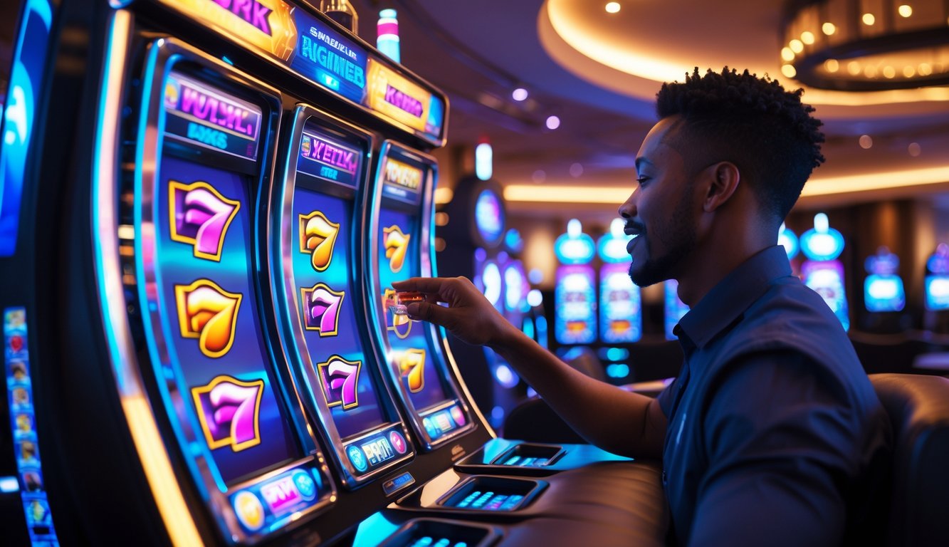 Seseorang sedang bermain mesin slot digital di sebuah ruang permainan modern dengan suasana yang cerah dan nyaman.