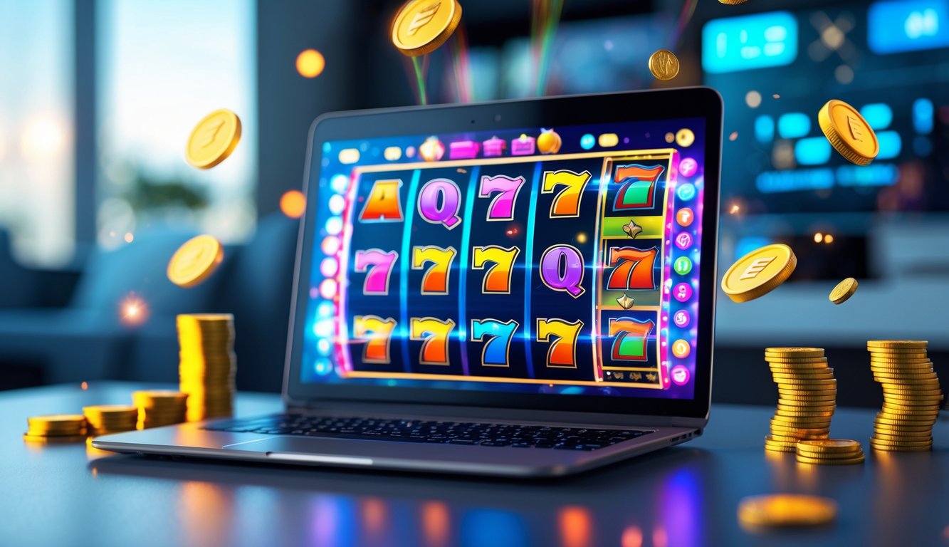 Seseorang sedang bermain mesin slot online di komputer dengan latar belakang ruangan modern dan suasana penuh semangat.