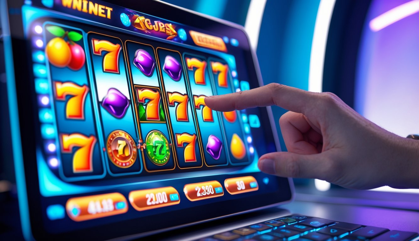 Seseorang menggunakan perangkat layar sentuh dengan tampilan mesin slot berwarna-warni di layar, menunjukkan suasana permainan slot online.