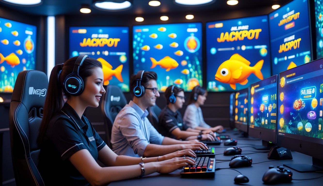 Beberapa orang sedang bermain game tembak ikan online di depan komputer dengan layar penuh warna dan ikon jackpot.