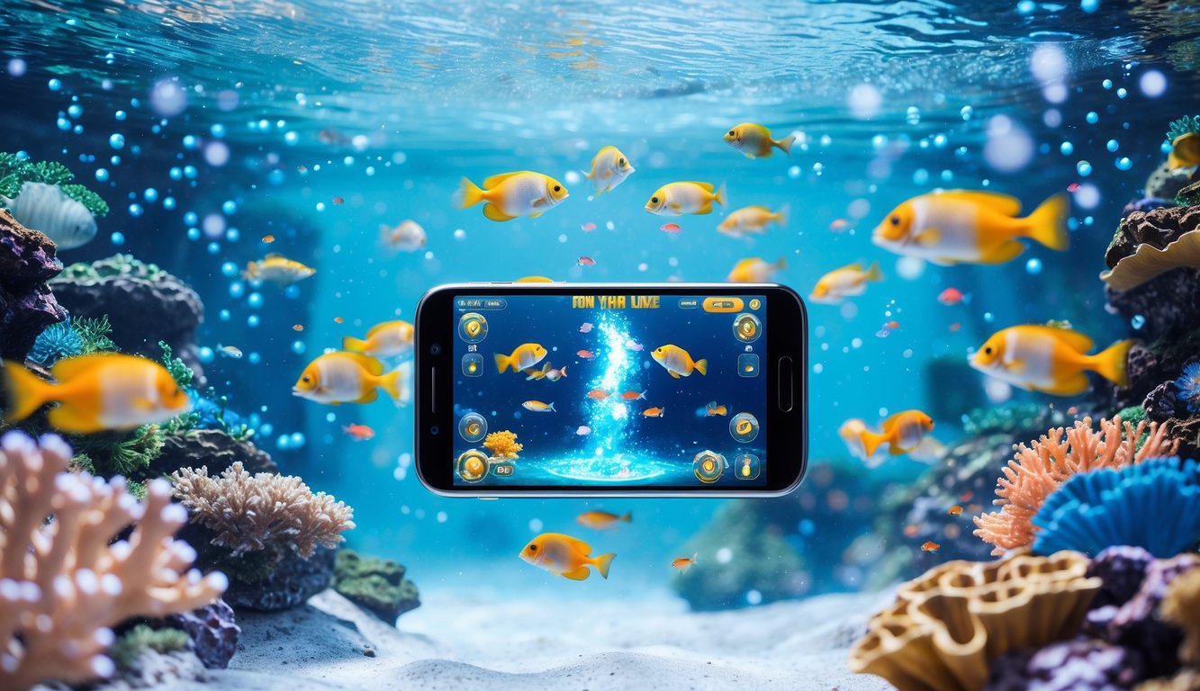 Pemandangan bawah laut dengan ikan warna-warni dan perangkat game menampilkan permainan menembak ikan.