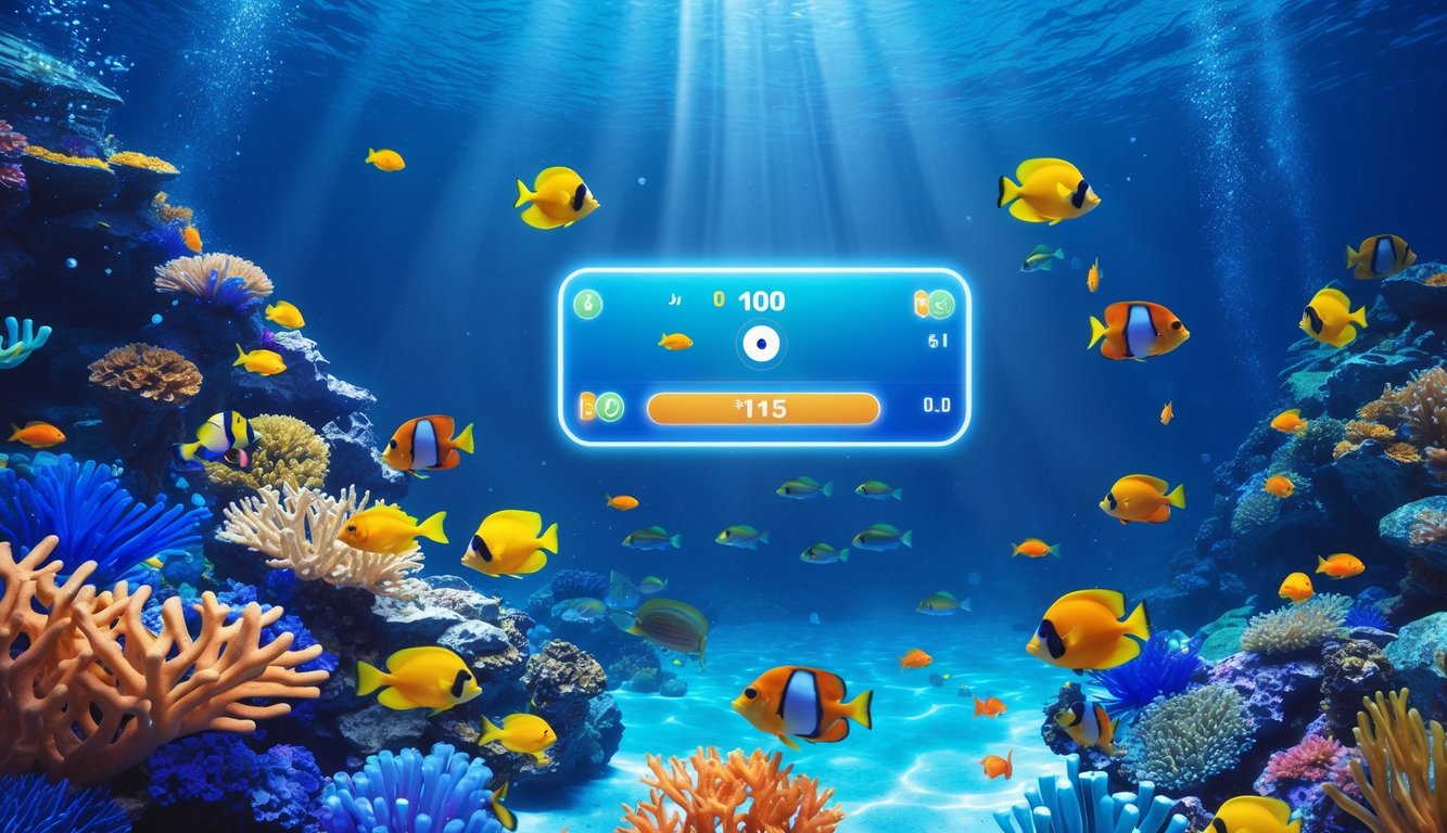 Pemandangan bawah laut dengan terumbu karang berwarna-warni dan ikan tropis, serta antarmuka permainan digital yang menampilkan target ikan dan skor.