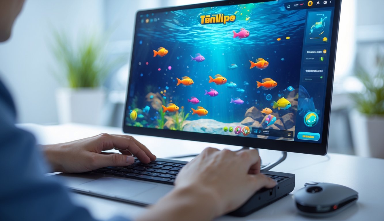Tampilan layar komputer dengan permainan ikan online, tangan pengguna mengoperasikan mouse dan keyboard di meja kerja.