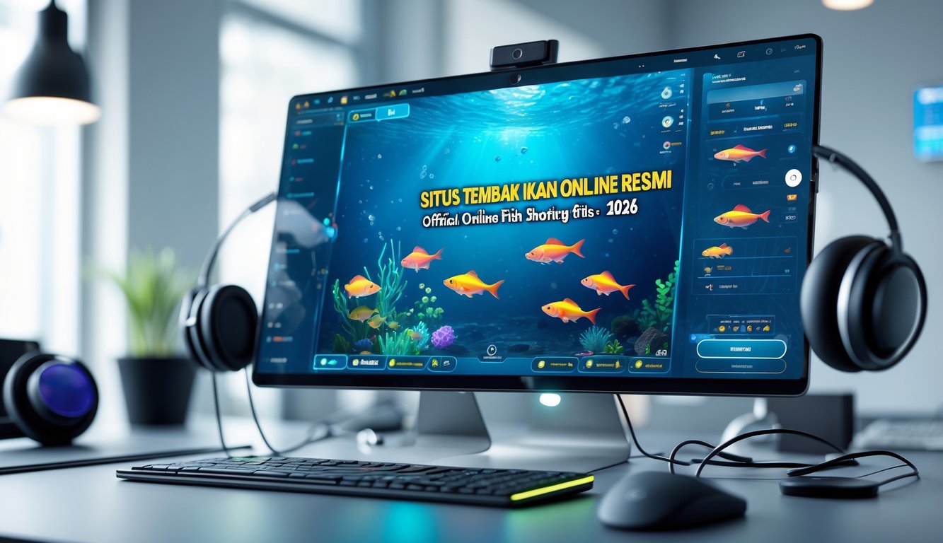 Sebuah layar komputer menampilkan permainan tembak ikan online dengan latar belakang ruang kerja modern dan peralatan teknologi.