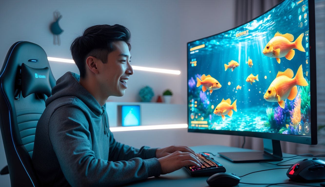Seorang pemula bermain permainan tembak ikan online di komputer di ruang kerja modern.
