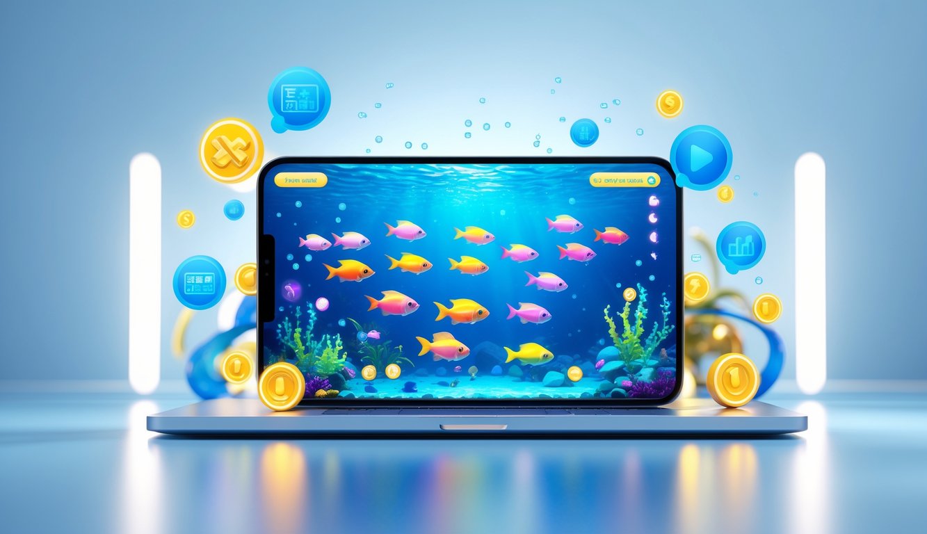 Layar komputer atau ponsel menampilkan permainan tembak ikan dengan ikan berwarna-warni di laut digital, dikelilingi oleh ikon bonus dan efek cahaya.