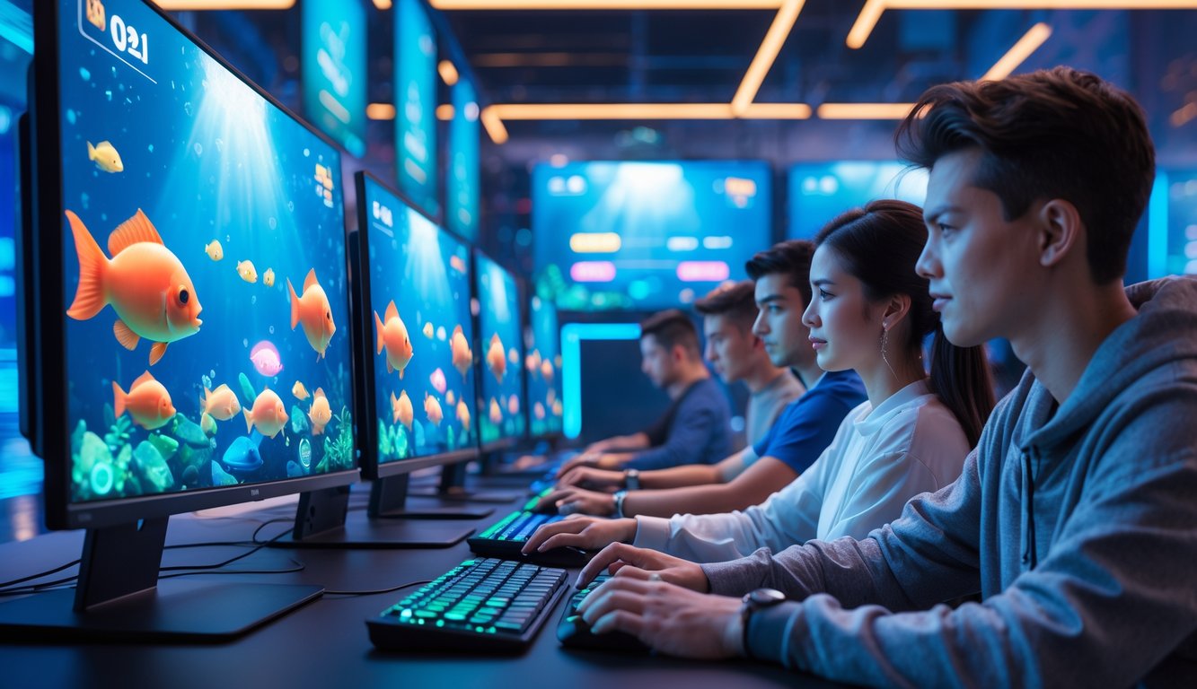 Beberapa orang muda sedang bermain game tembak ikan online di depan layar komputer dengan grafis ikan berwarna-warni di ruangan yang terang dan modern.