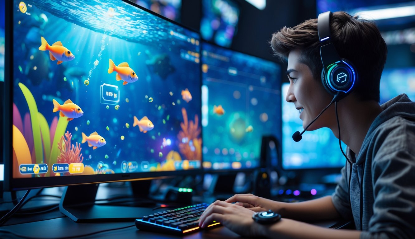 Seorang pemain muda sedang bermain permainan tembak ikan online dengan layar komputer menampilkan grafik ikan yang berwarna-warni dan kontrol permainan.